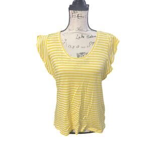 Cabi Yellow & White Striped Flutter Sleeve Cotton Tee – Size S